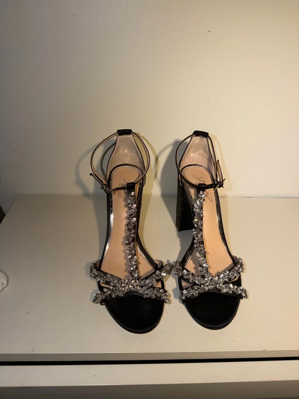 Jewel Badgley Mischka Black Crystal-Embellished Block Heel Sandals.Sz 7‎ Chic